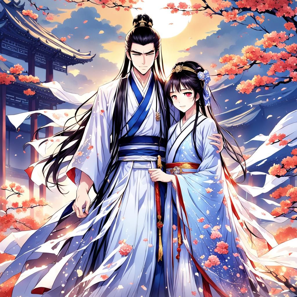 Loving Embrace of Emperor and Empress in Anime Style