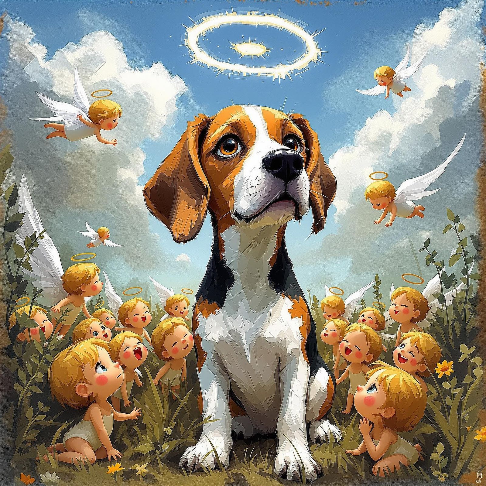 Expressive Cartoon Female Beagle in Garden with Little Angel...