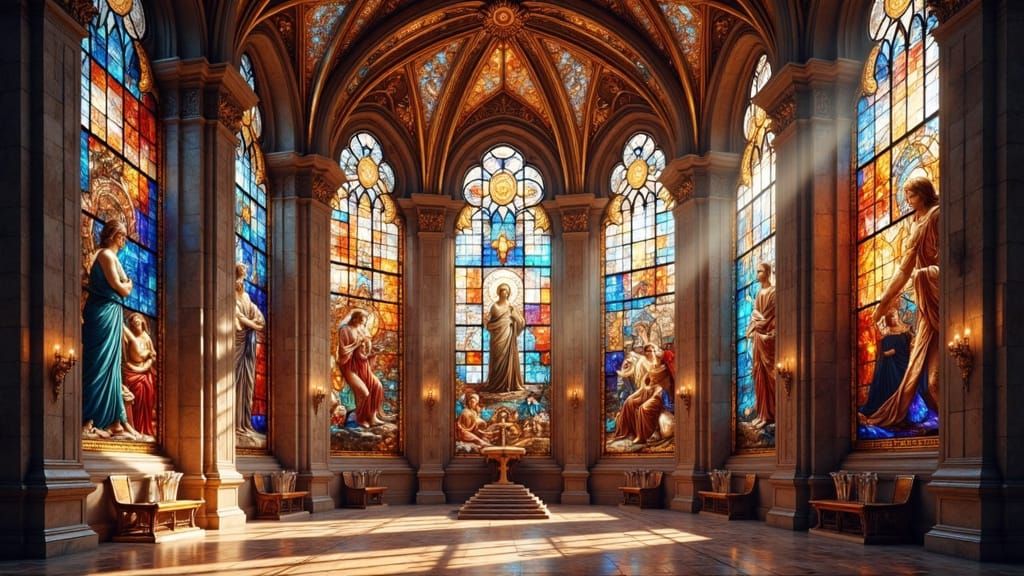 Transform the ceiling paintings and all large window panels in this cathedral image into hyper-realistic stained glass, directly inspired by...