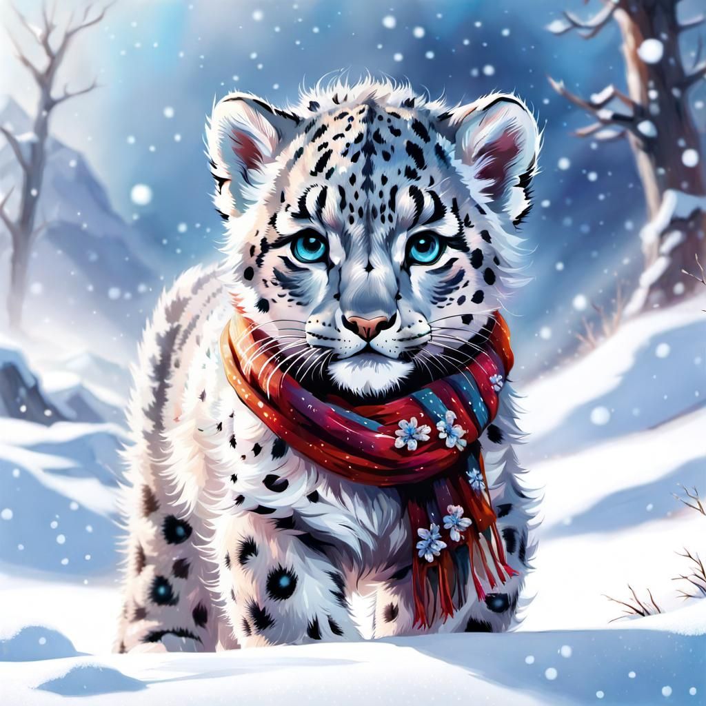 adorable chibi snow leopard with woollen scarf standing in a a ...