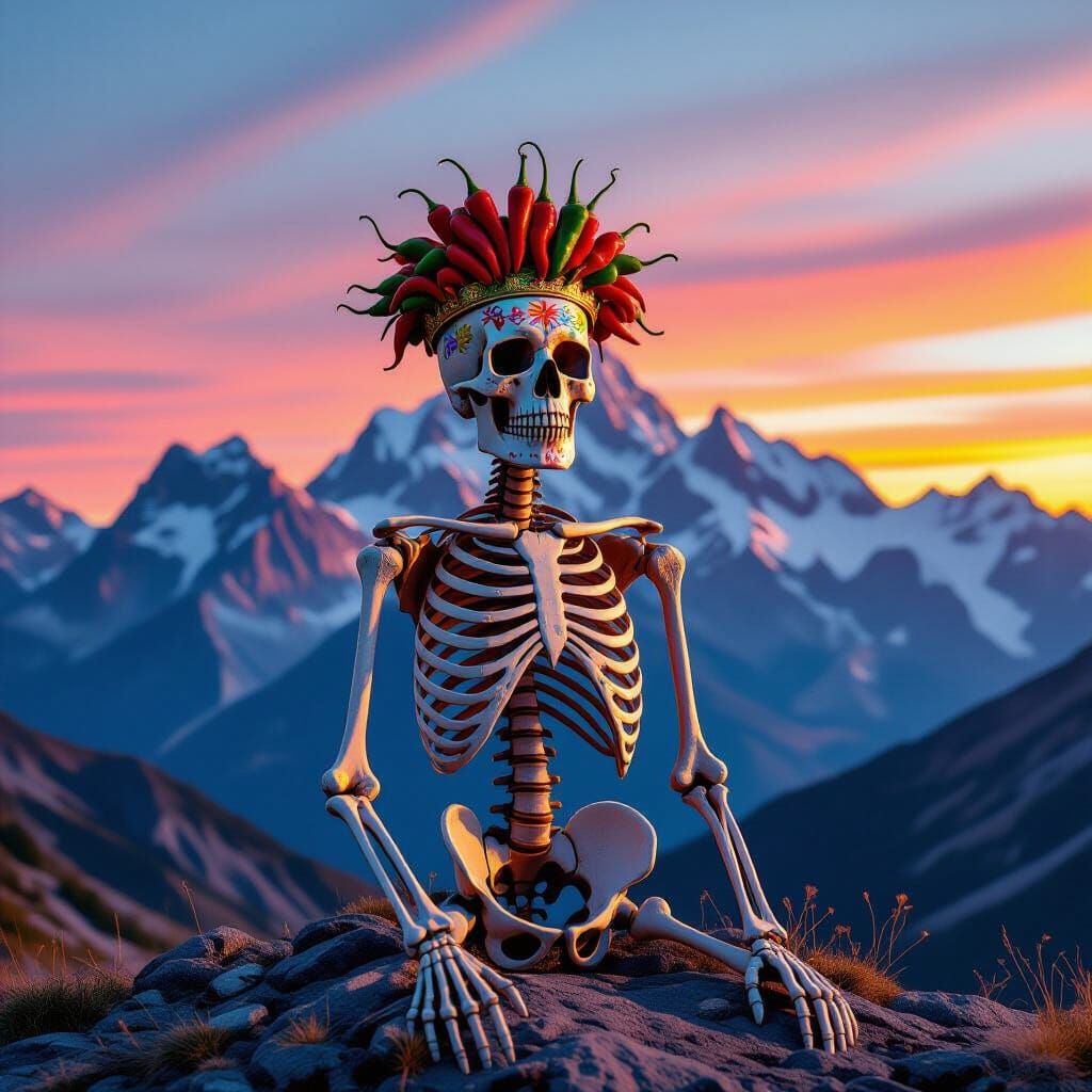 A solitary skeleton adorned with a crown of vibrant chile peppers stands atop a majestic mountain range at sunset. The scene is rendered in ...