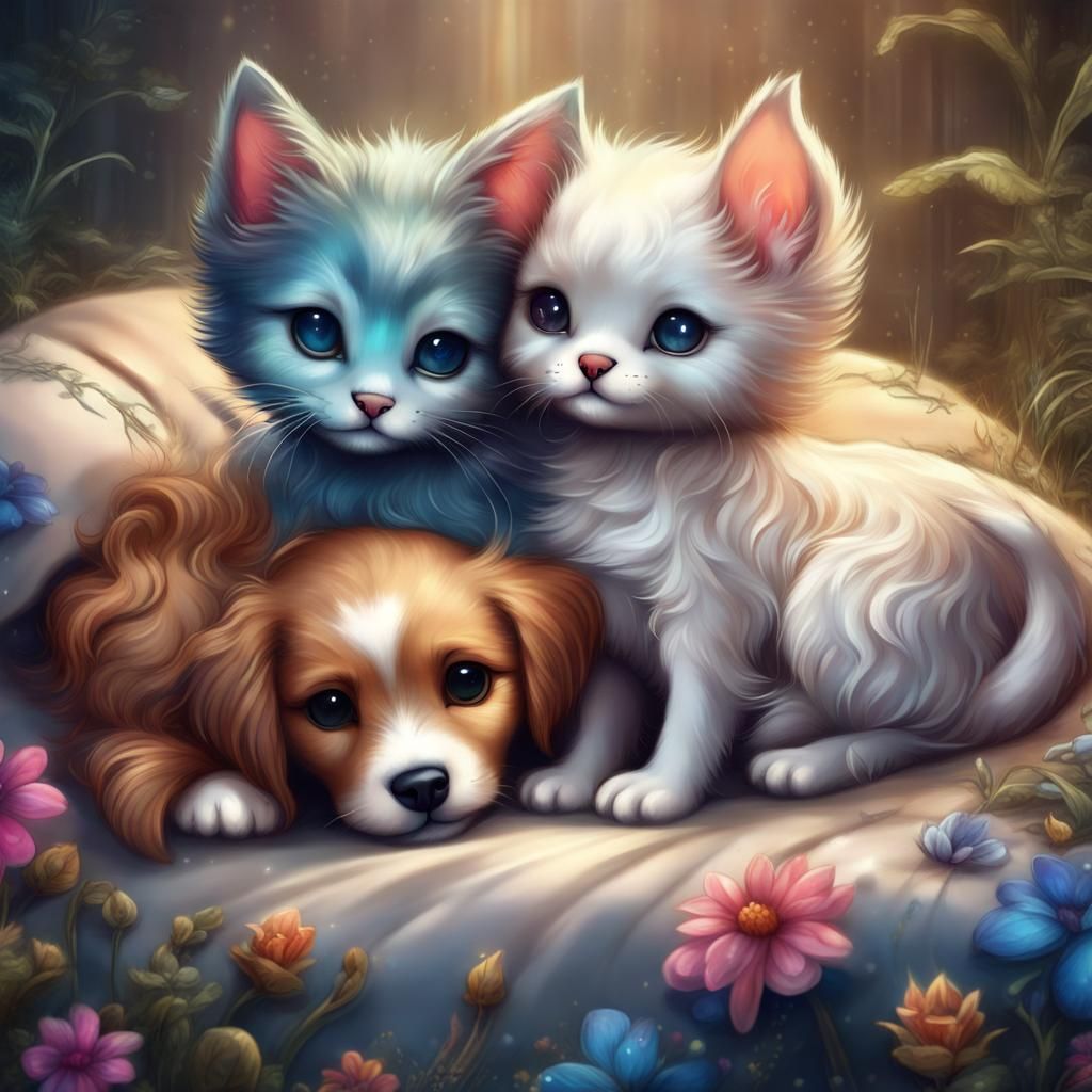Kittens and Puppy  by @Quibbles