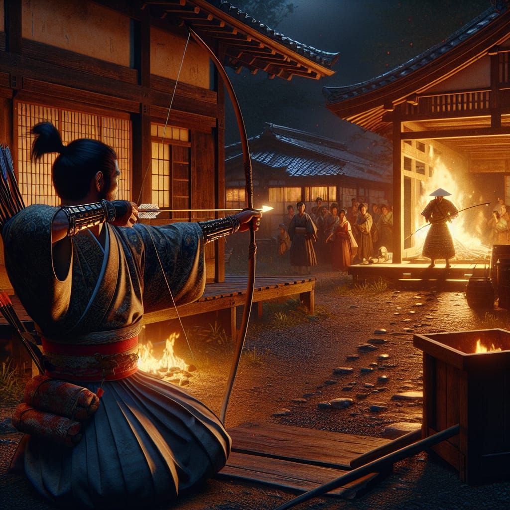 A Japanese archer in traditional attire with a taut bow aiming at a samurai in front of him, another ...  by @Vinylrenen