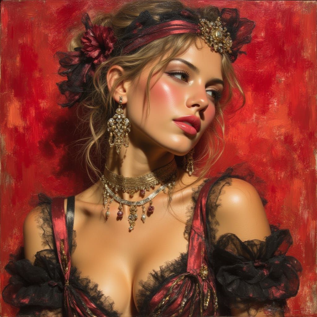 Emotional, elegant princess from London, scarlet, dry brush, oils, Diego Rivera, Luis Royo, playful, bright <lora:Geo real:1.0>