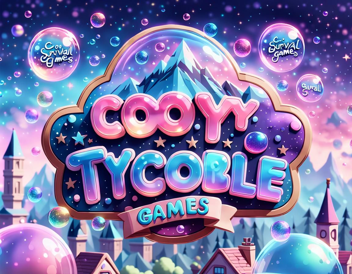 YouTube Banner, 'Cozy Survival + Tycoon' in bubble style lettering, Cute Pastel Colours Pink Blue Purple Ombre, Sparkles and Iridescent Bubb...