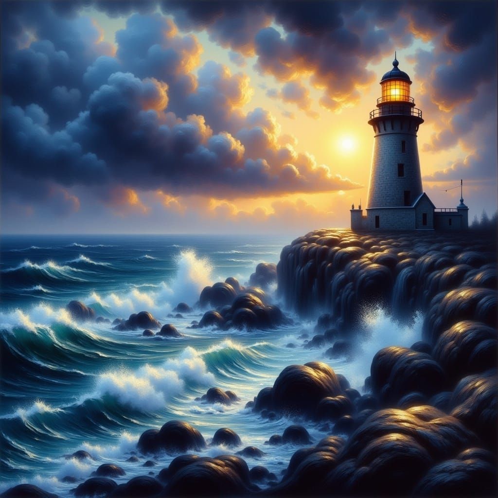 <lora:GazOilpaint:1.0> A beautiful photorealistic seascape with a lighthouse shining at Blue hour over the stormy sea