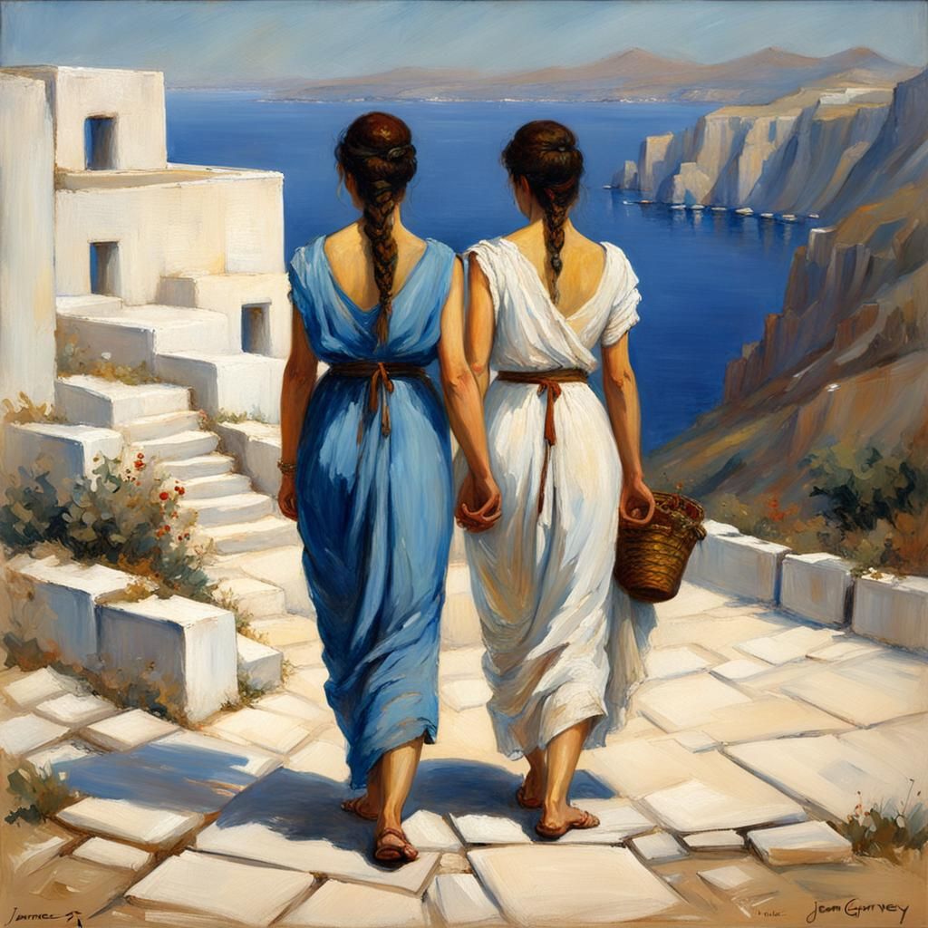 two greek girls hand by hand from the back