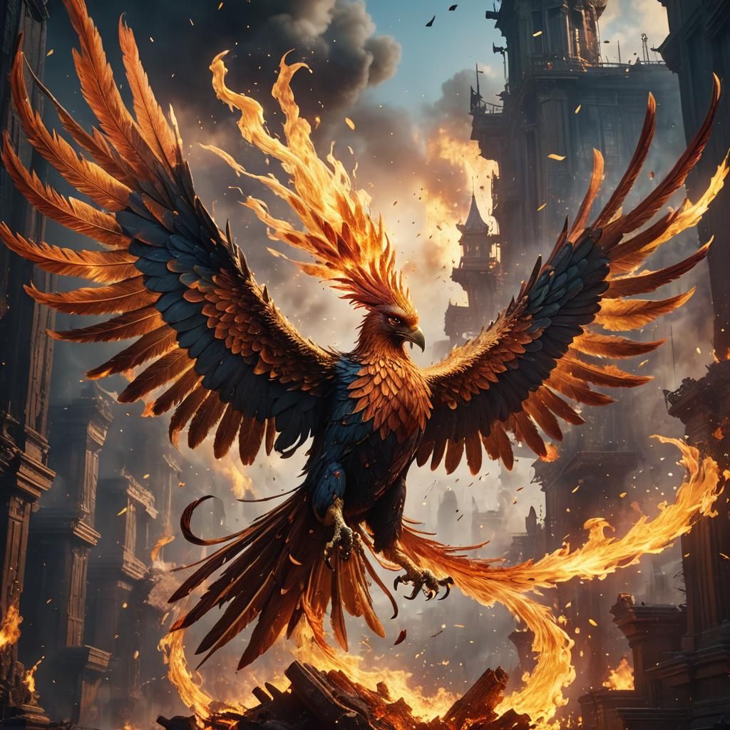 A phoenix flying and breathing our fire