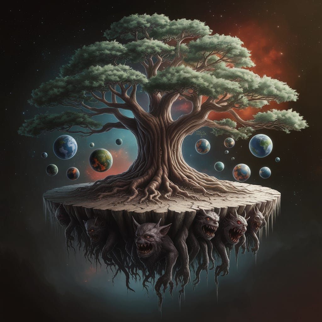 The image shows a giant ash tree floating in a dark space strewn with distant stars.
Tree: It occupies the central place and looks massive a...