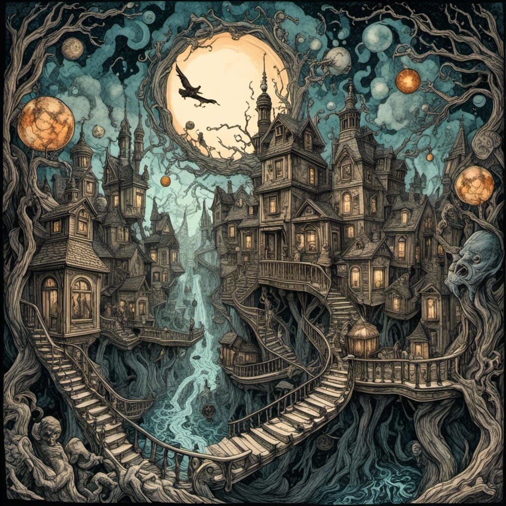 Water colored Nightmare Horror Ink Artscape inspired by a mix of MC Escher and Edgar Allen Poe, hyperdetailed. <lora:Eschers Poe:1.0> 