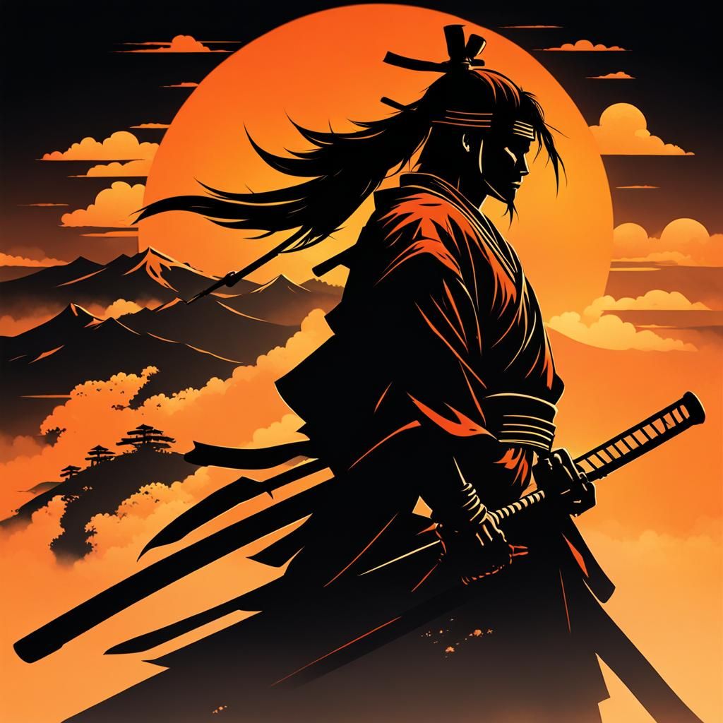 Samurai Silhouette in Sunset Shadows: Dramatic Cinematic Art