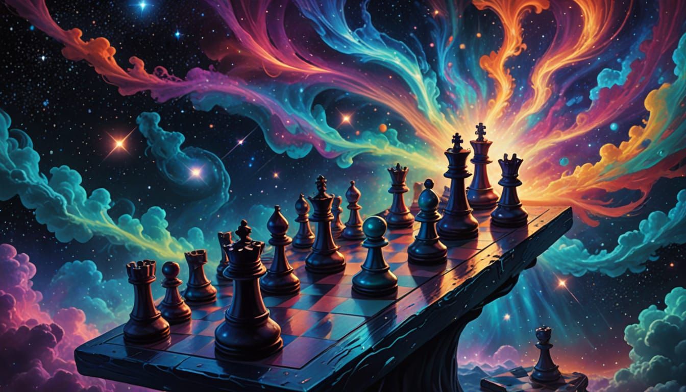 Ethereal Cosmic Chess Scene in Vibrant Astral Mist