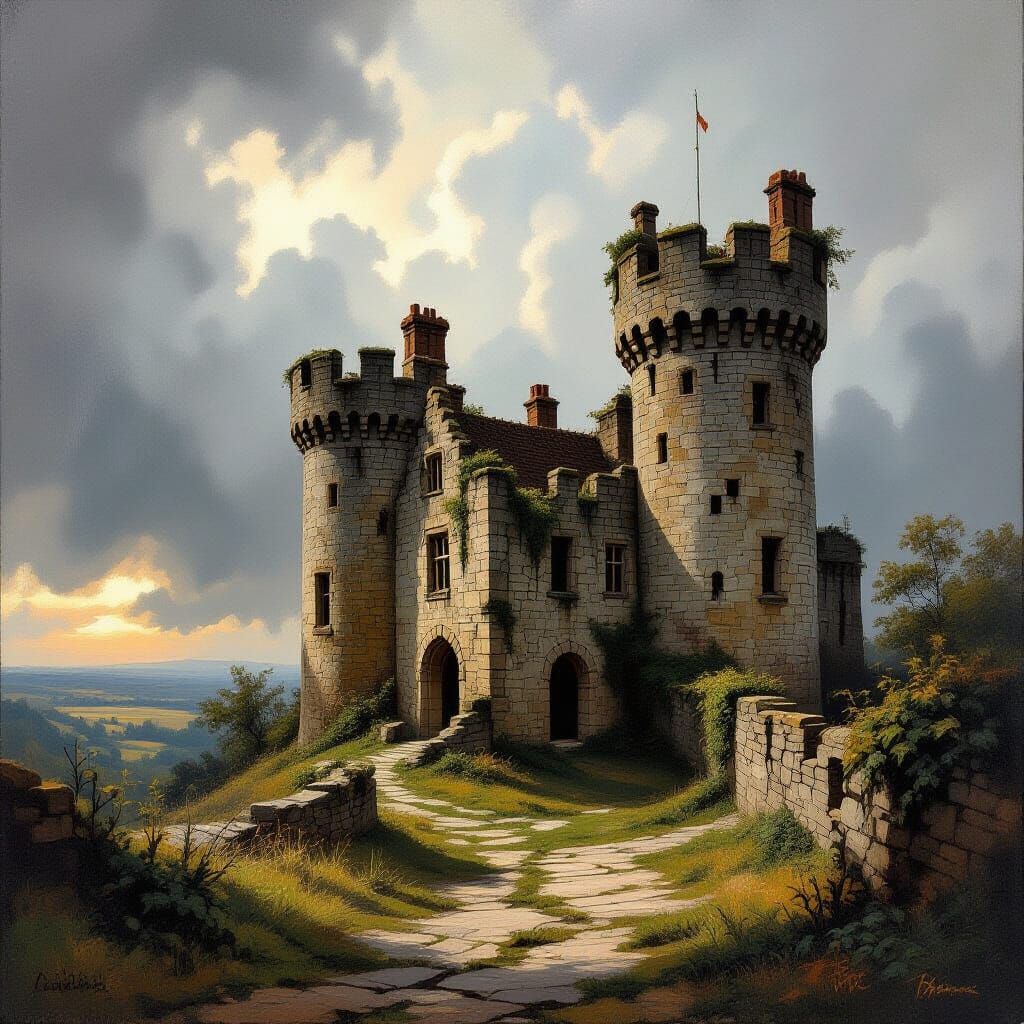 A painted artistic old fashion masterpiece of a majestic run down castle on a stormy day no rain painted ...  by @hibyehi