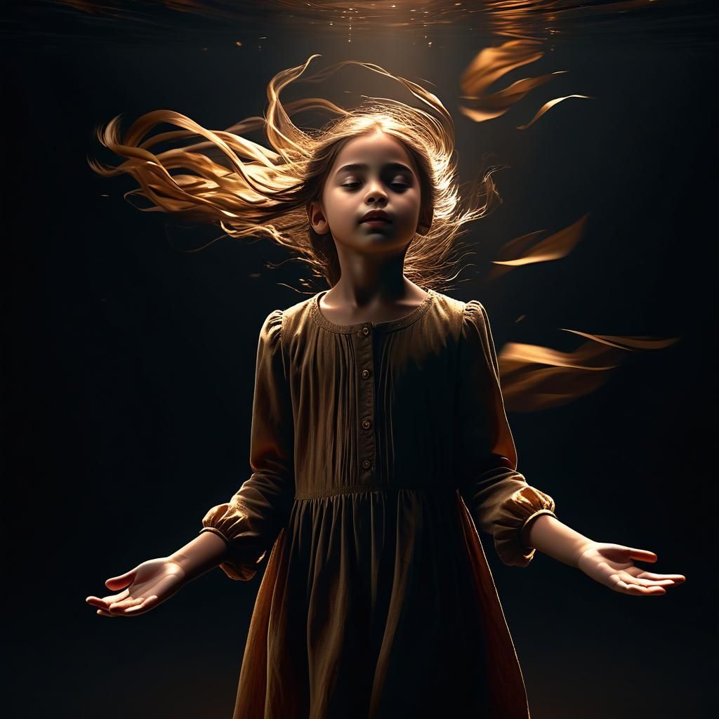 Young Girl Soars in Dark, Somber Landscape, in Hyper-Realist...