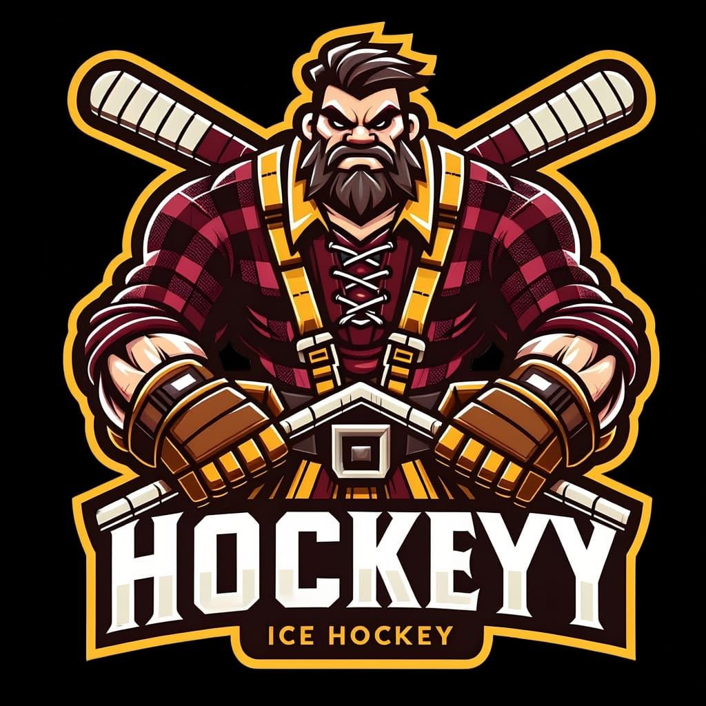 Aggressive cartoon style ice hockey team emblem. Features a formidable, burly, robust character as the mascot. The team's color palette incl...
