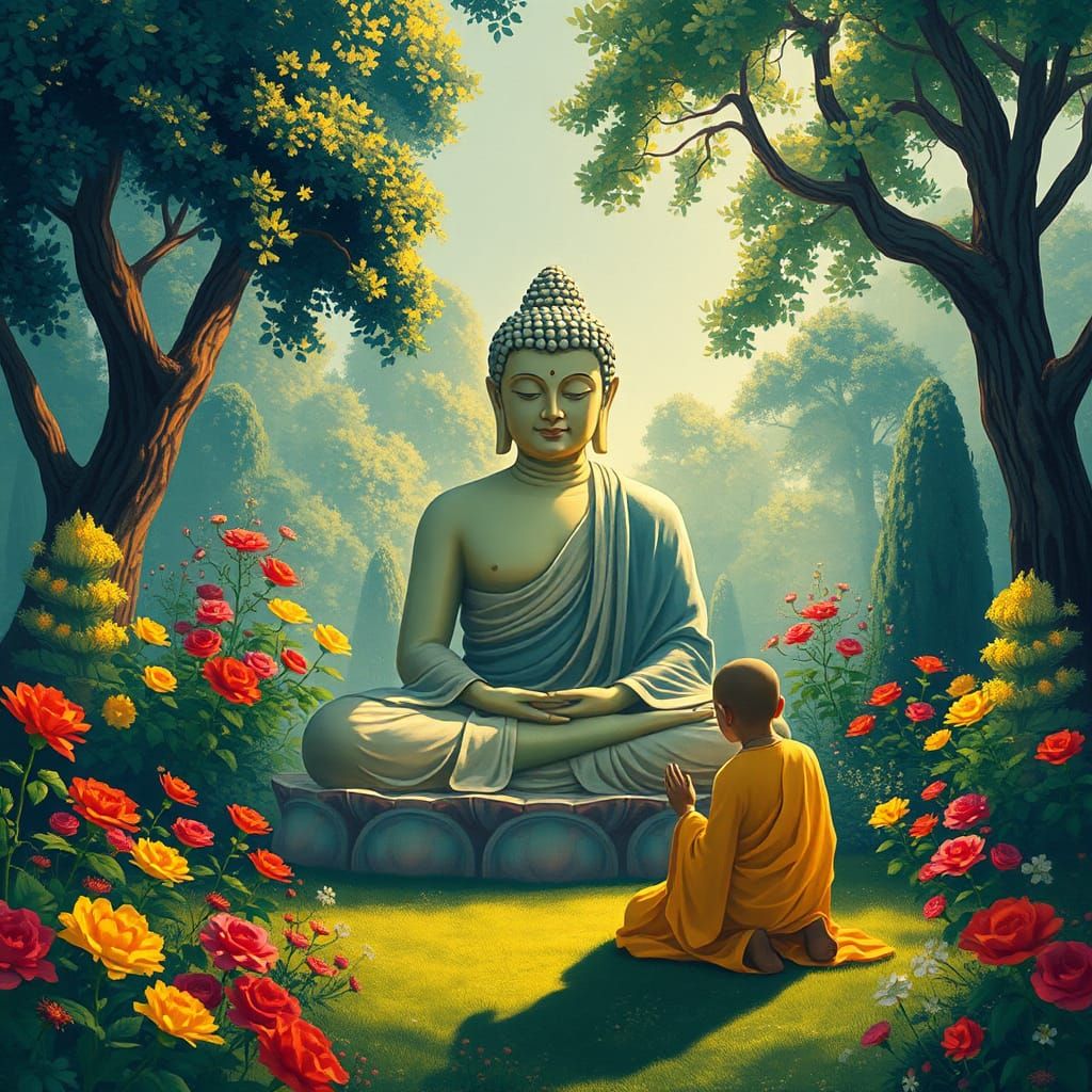 Buddha in Garden: Old Masters Impasto Style
