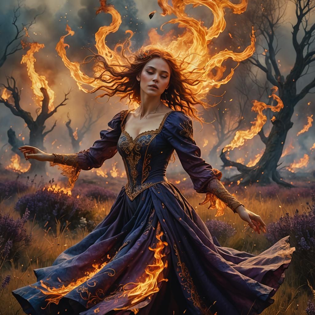 a young merry enchantress dancing in a meadow made of fires