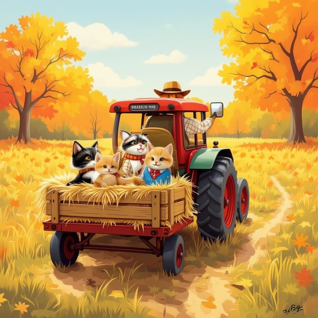 Family of cats on a fall tractor ride