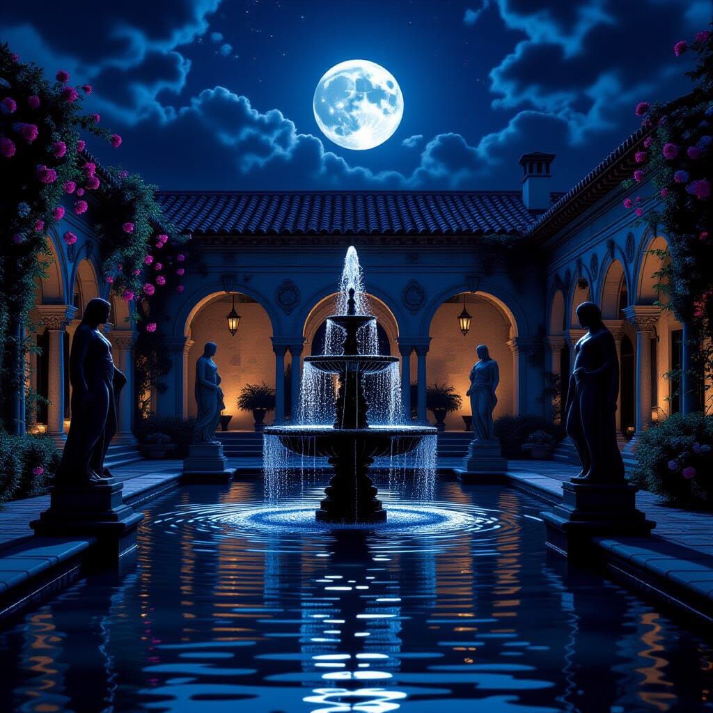 For the "Fountains" challenge, picture a glowing fountain in a moonlit courtyard, the night sky reflected in the water, creating a mirror im...