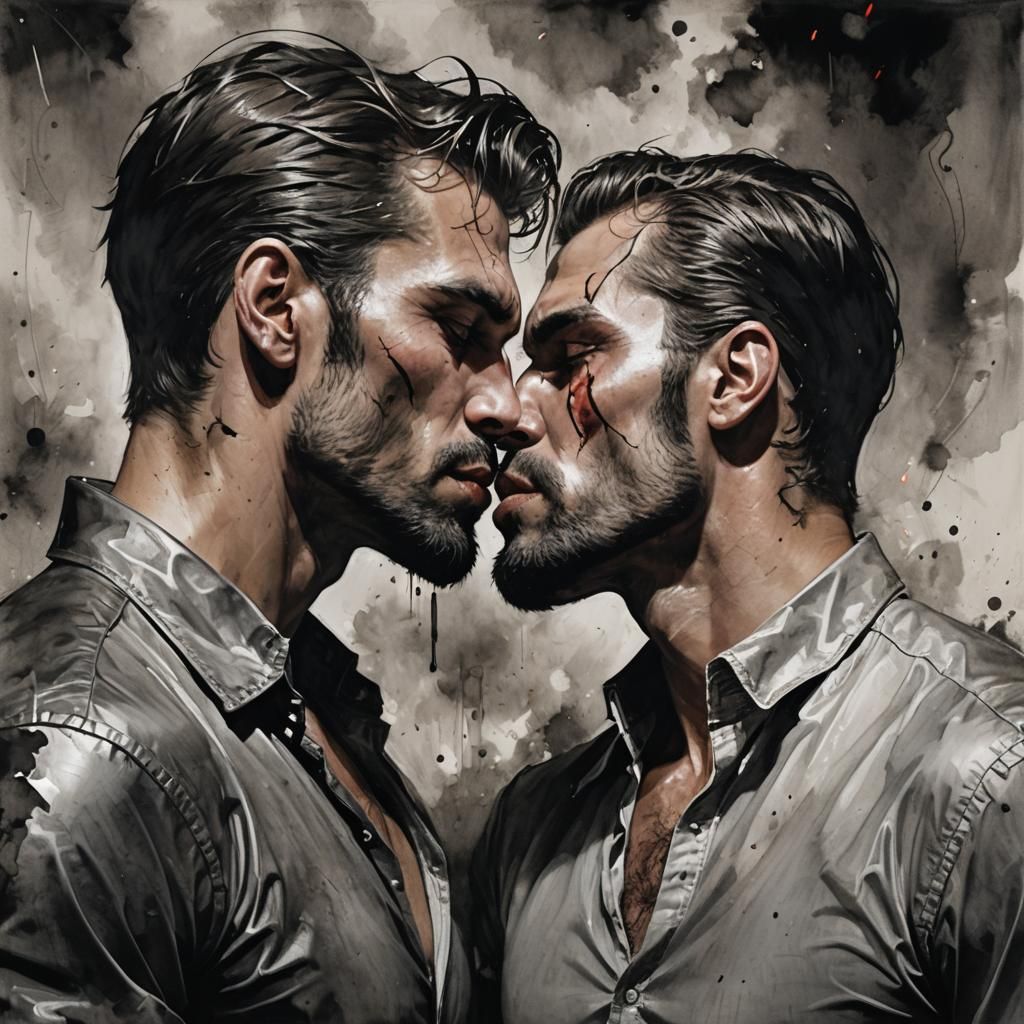 two beautiful men giving each other a very hot kiss