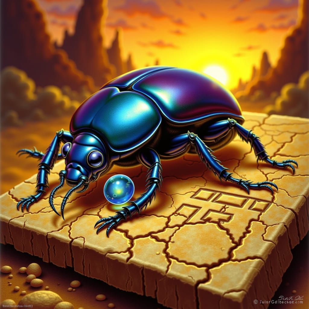 A highly detailed, iridescent scarab beetle clutching a small, glowing sapphire. The scene is set on a cracked, ancient stone tablet, bathed...