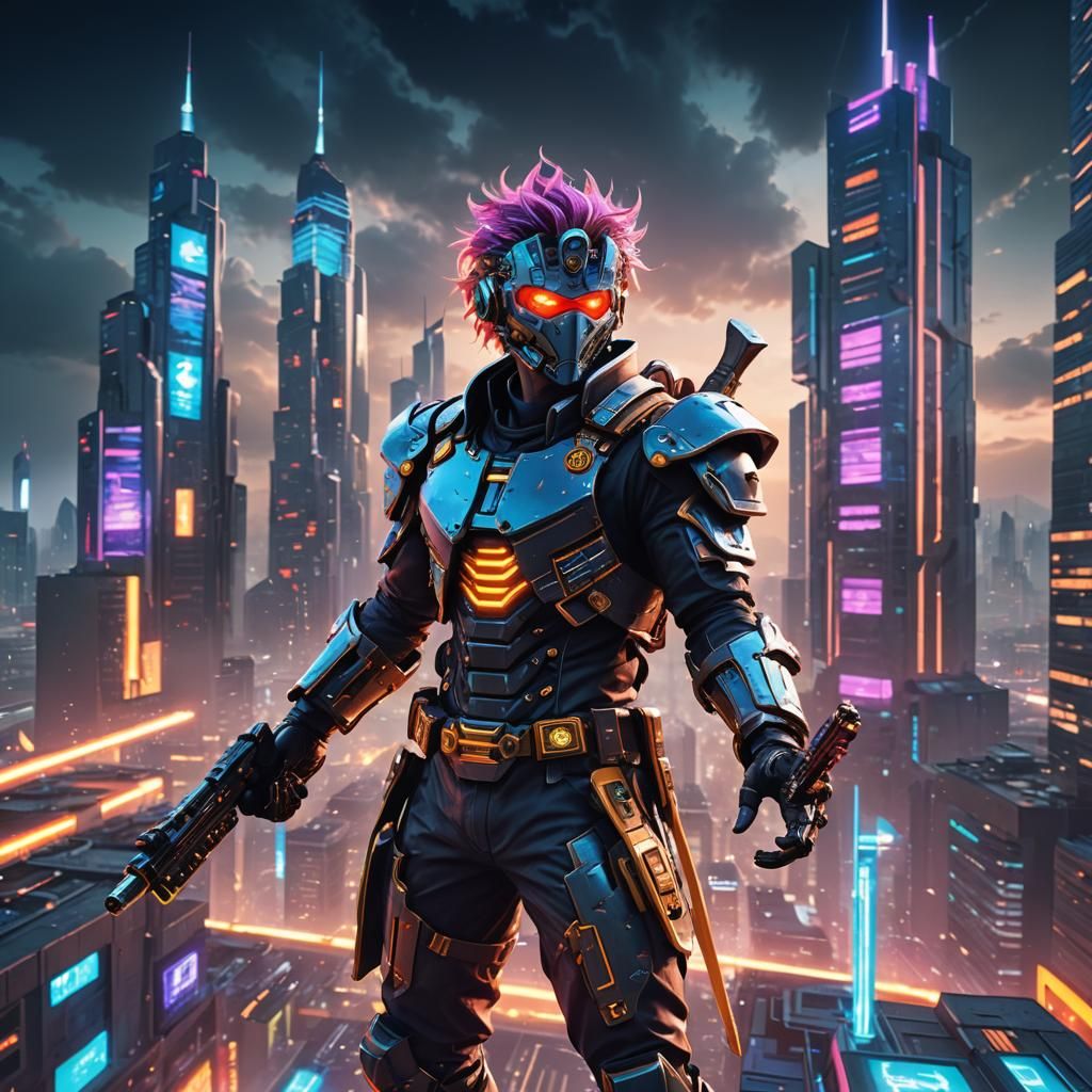 Futuristic Anime Character in Neon Cityscape