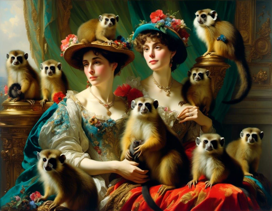 vintage ladies with their monkey pets