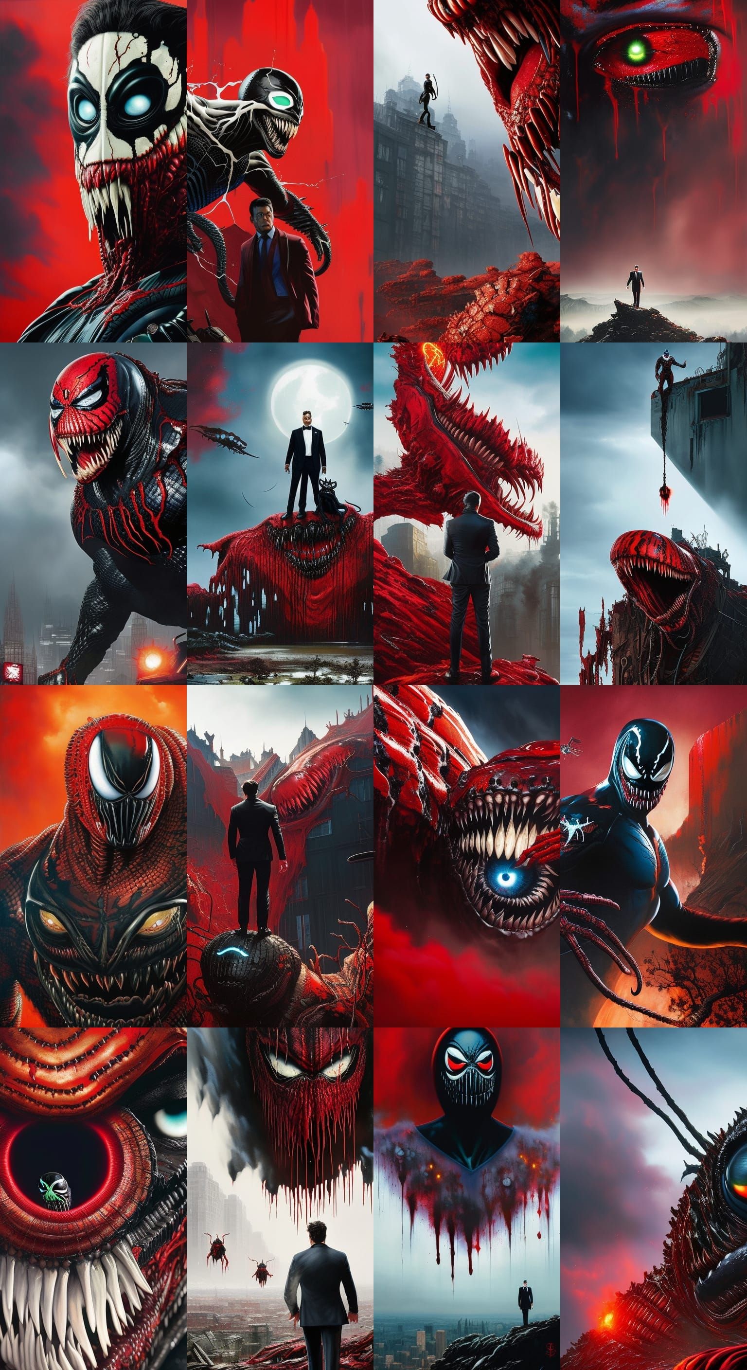Venom wearing a suit, glowing eyes, in front of creepy red b...