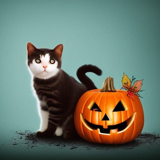 Halloween kitty sitting on a cute carved pumpkin Hyperrealis...