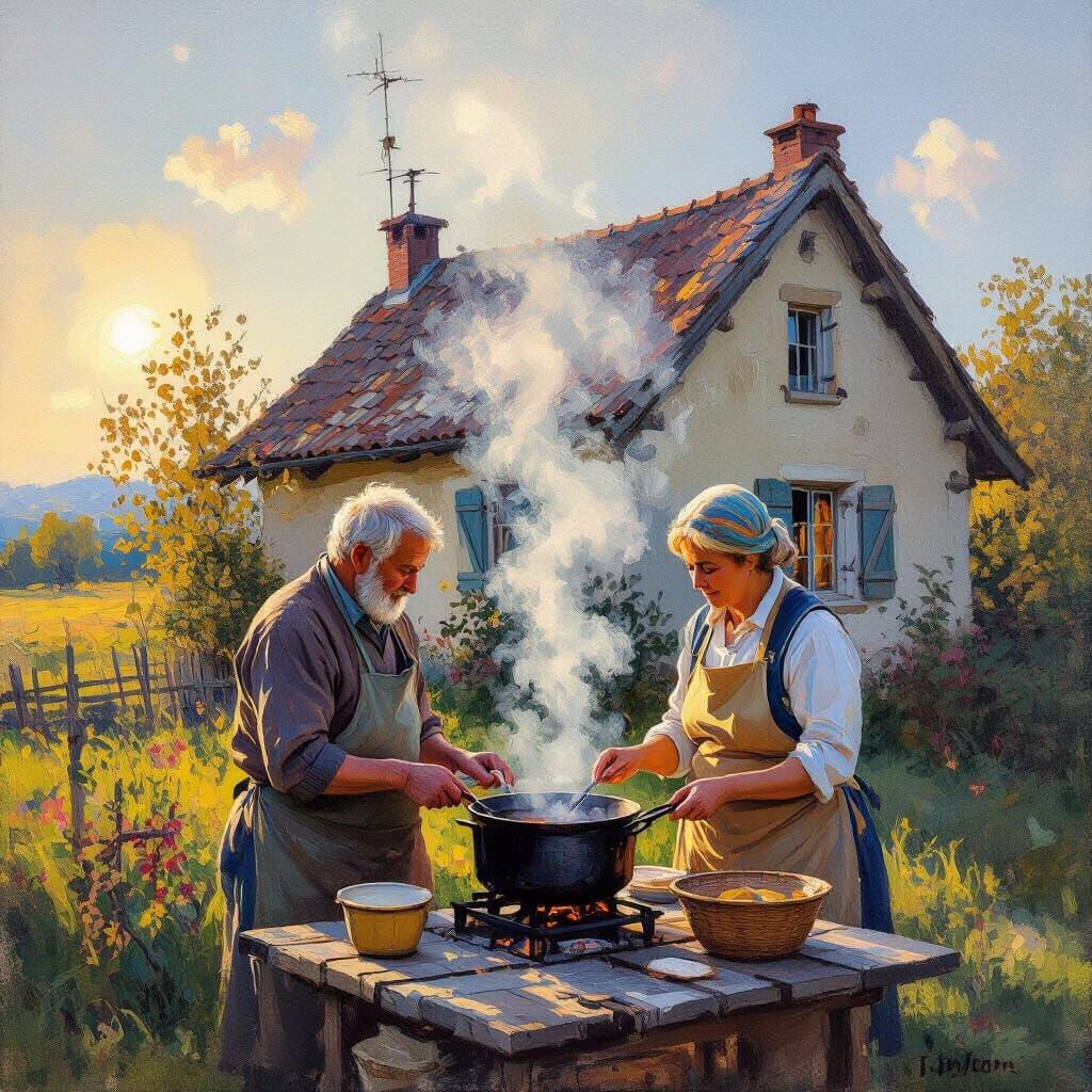 Warm Evening Countryside Scene with Elderly Couple Cooking