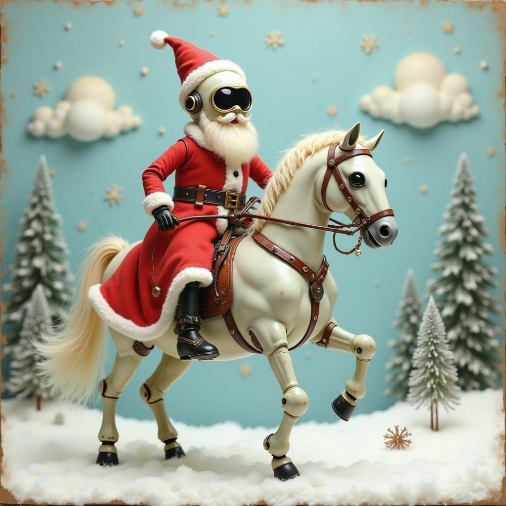 <lora:Cute Surreal Robot:1.0> cowboy santa robot on a white horse robot 