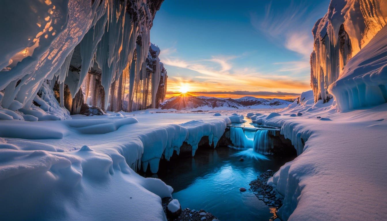 Sunset with dramatic sky seen and reflected through Beautiful deep crystal clear blue hue ice cave with ...  by @Don1944