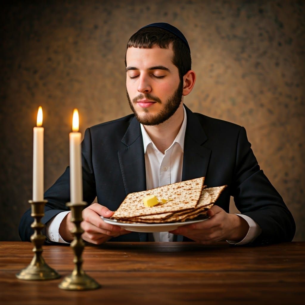 Young Hasidic Man Savoring Matzah in a Cozy Shabbat Setting