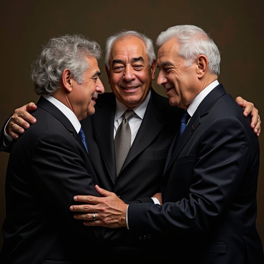 Realistic Photo of Lapid, Magal, and Arafat Embracing