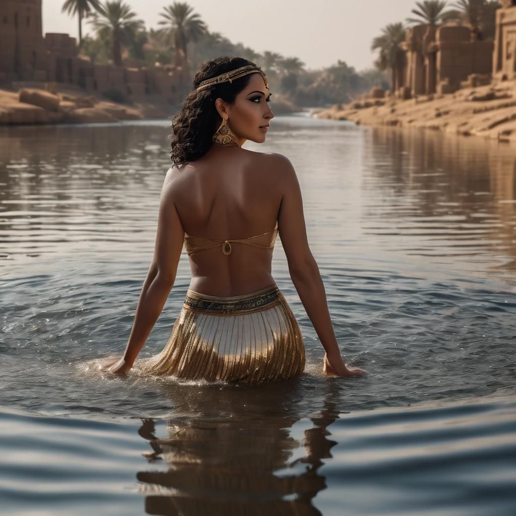A photorealistic picture of A beautiful ancient Egyptian woman bathing in the Nile River. She wears a short skirt.