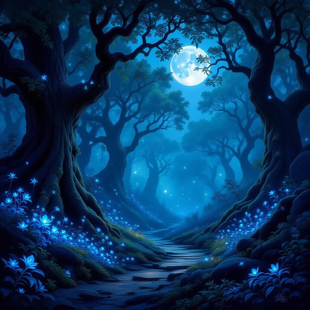 Mystical Moonlight Forest in Fantasy Concept Art Style