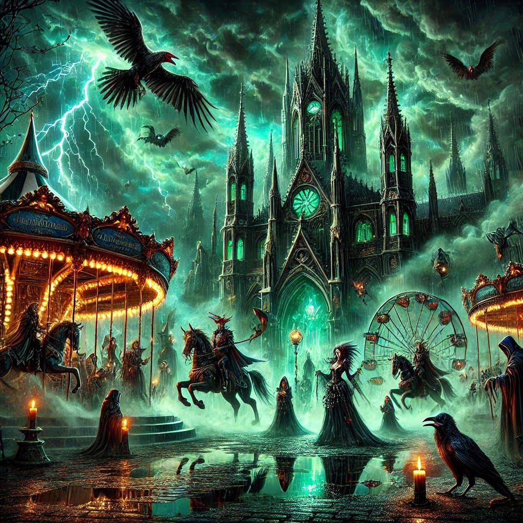 A gothic carnival at the witch's manor, blending eerie charm with necromantic magic. The scene features shadowy rides, g...