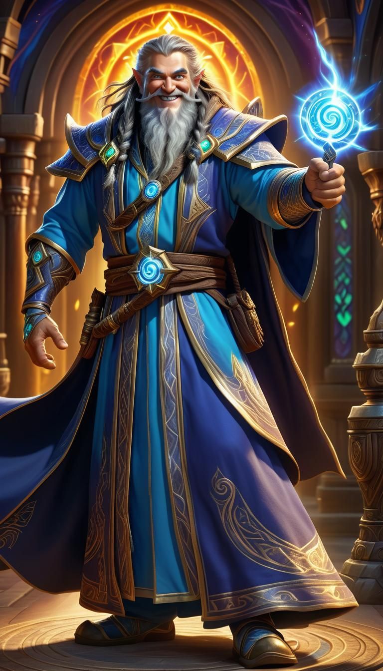 A mighty human male, wizard, god of magic, divine light arou...