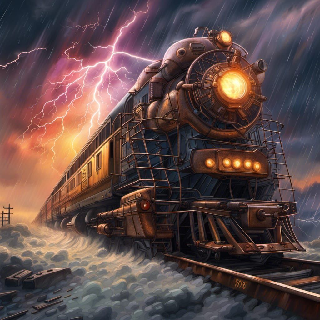 Ghost train in a storm , fantasy art, beautiful, colorful, c...