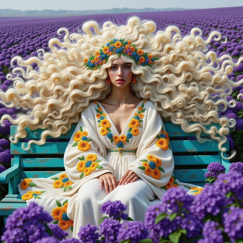 <lora:Kak-embroidery:1.0>A wonderful surreal painted woman with long wavy white hair made entirely of white small flowers clustered together...