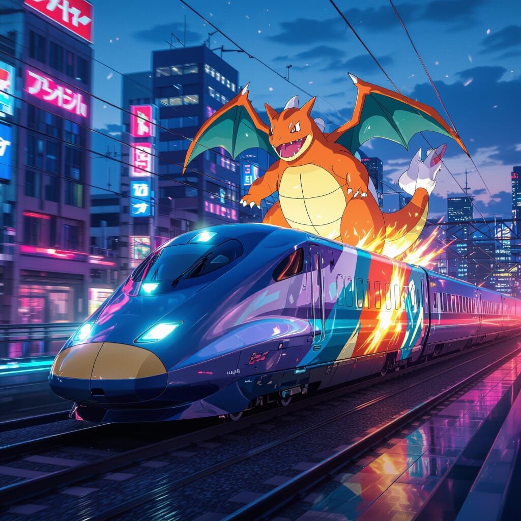 Mega Evolved Pokémon Shinkansen Speeds Through Neon City