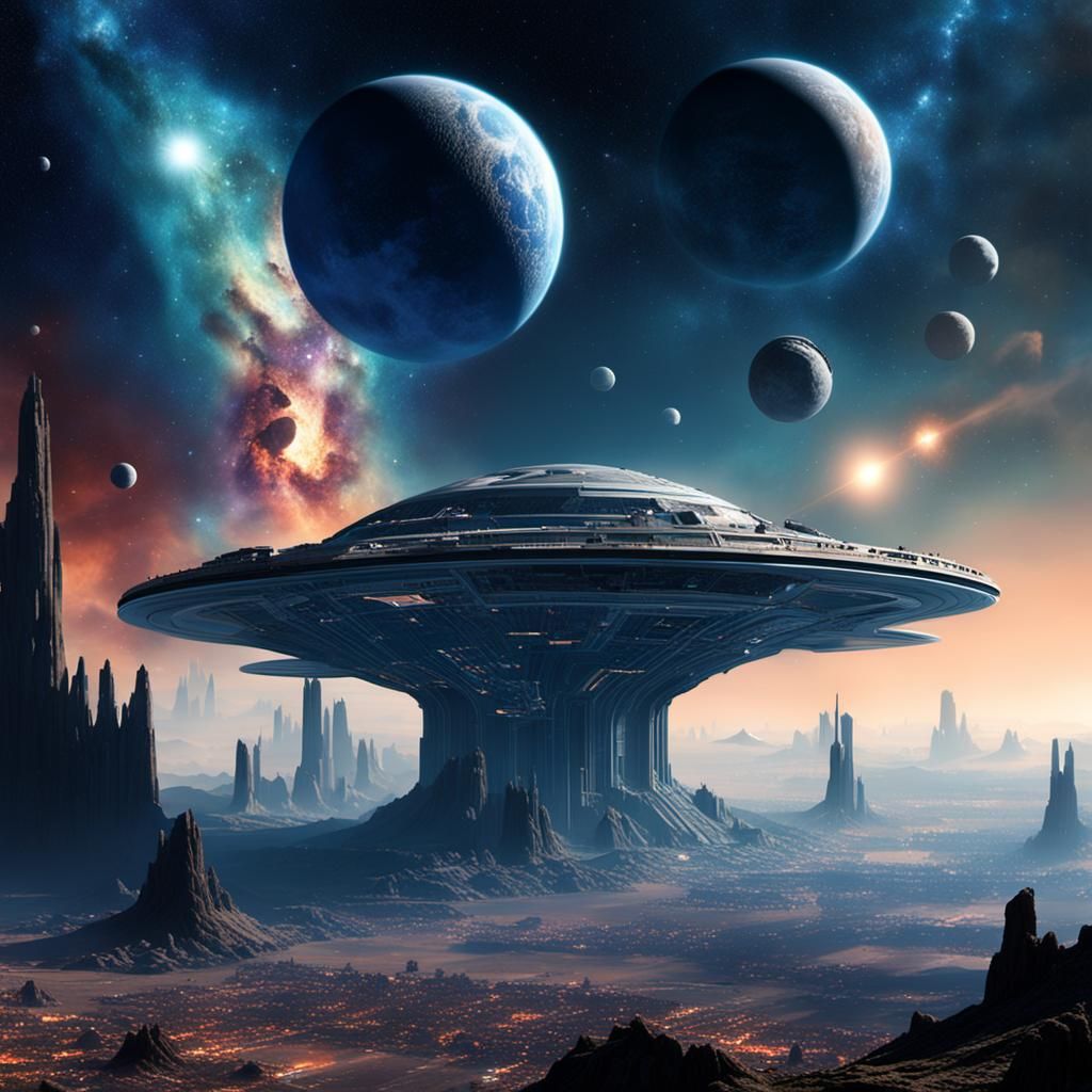 futurstic city constructed under an asteroid in a nebula.   by @toastercide