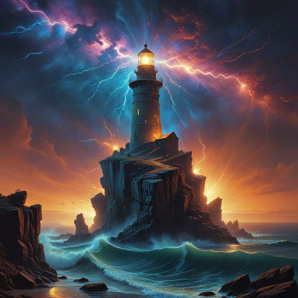 Cosmic Lighthouse on Cliff Edge in Surreal Sci-Fi Style
