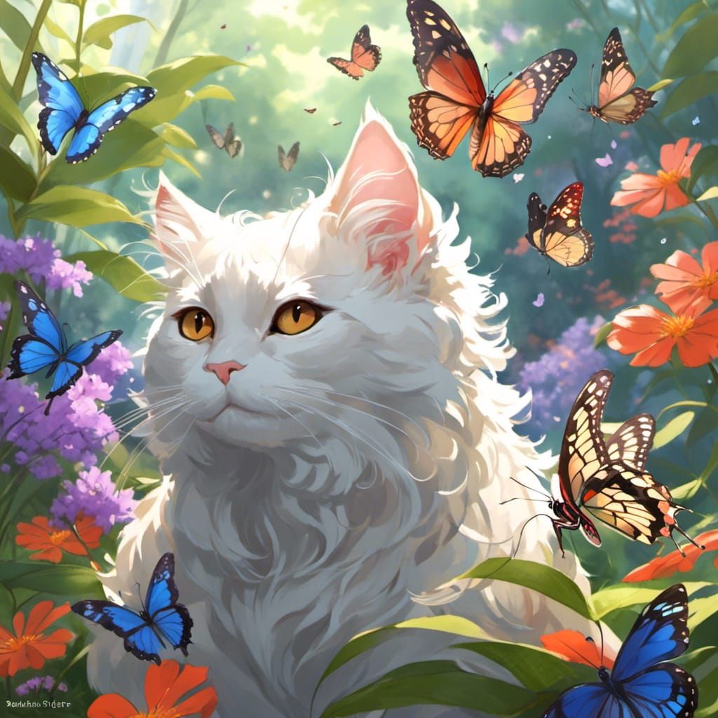 <lora:Soft Animals:1.0> cat with butterflies around him