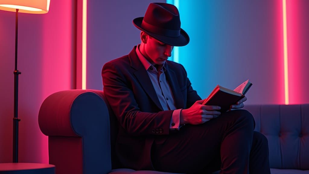 Man in Suit Reads Under Neon Lights