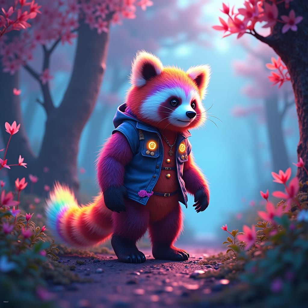 Rainbow punk panda, mystical forest scenery, neon pastel colours, inner illumination 