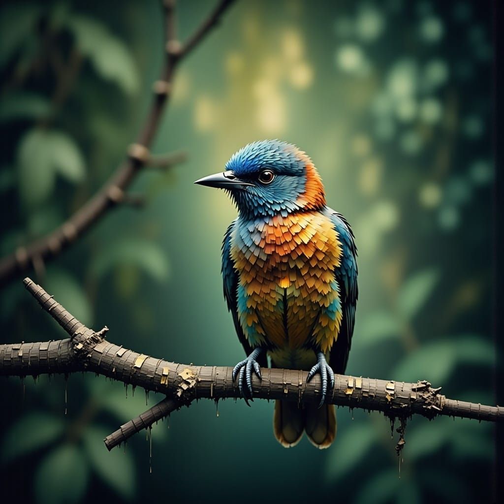 <lora:Pixelated Flux:1.3> A close up of a very (pixelated:1.3) bird, jungle branch, fading into pixelation, intentionally pixelated