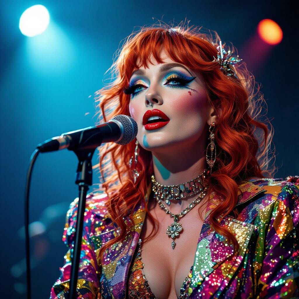 Red-haired, blue eyes glam performer, big feelings, stage lights, soft theatrical but fierce, illustrated fashion style. She has a nose ring...