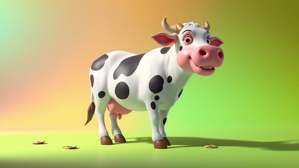 Auf die Kuh regnet es Geldscheine und die Kuh lacht