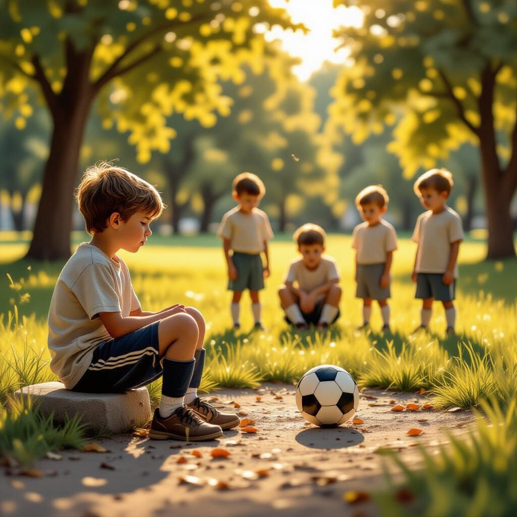Boy Cries Alone While Friends Play Soccer